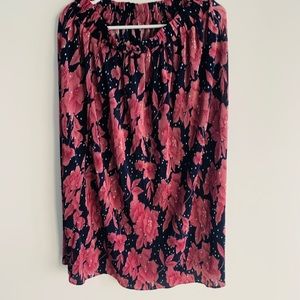 Knee length floral dress. Dark blue and pink.